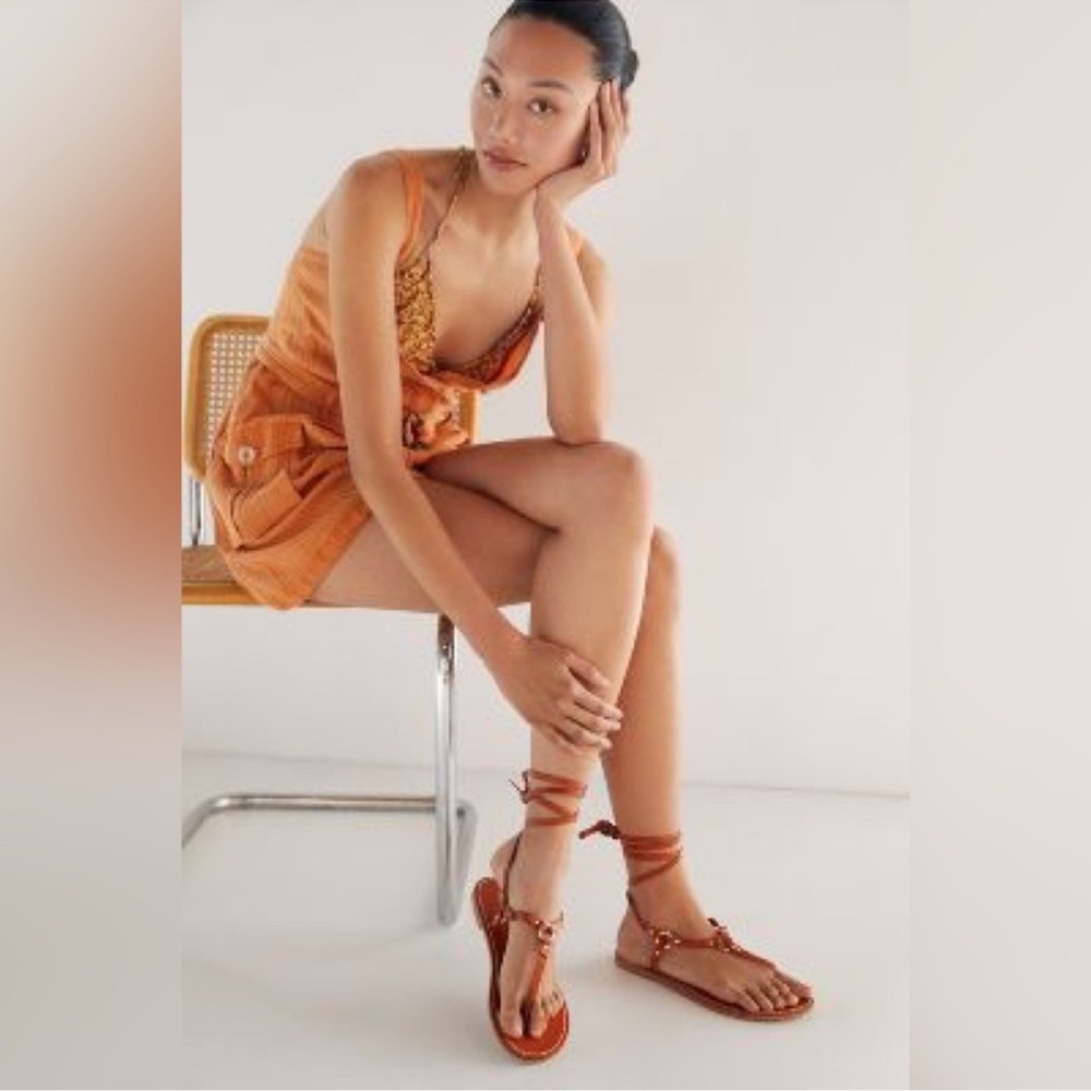 New🌟Anthropologie Pilcro Harness Tie Up Sandals Gladiator Leather Honey Brown